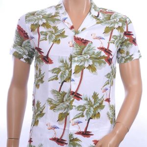 KZR Trendy Modern Fit Allover Bomen Dessin Heren Korte Mouwen Festival Overhemd – Wit