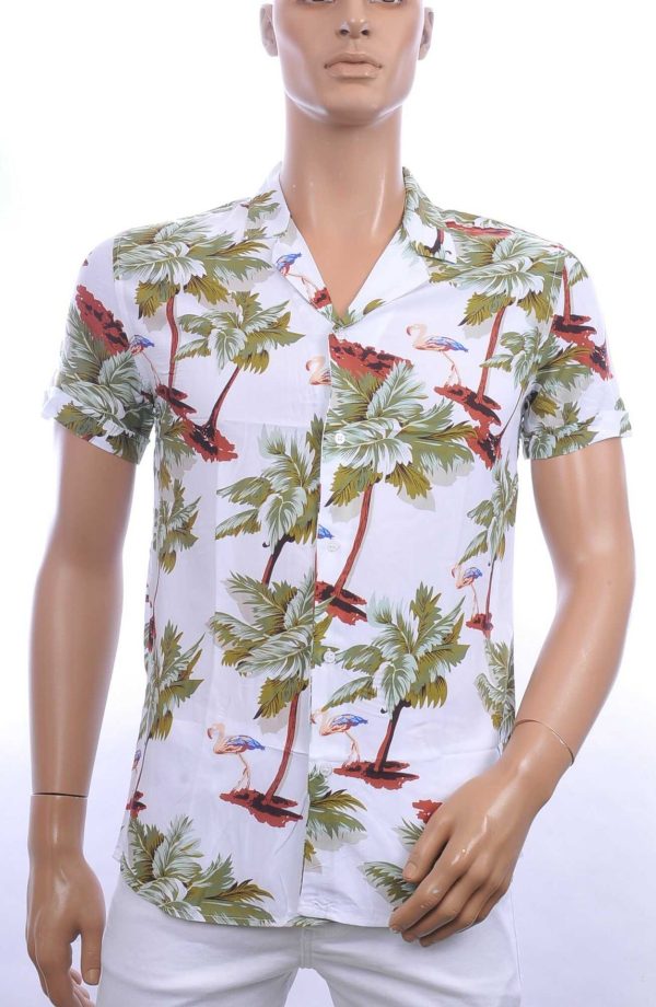 KZR Trendy Modern Fit Allover Bomen Dessin Heren Korte Mouwen Festival Overhemd – Wit