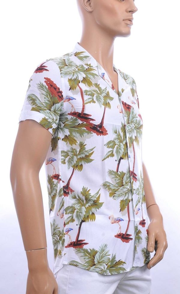 KZR Trendy Modern Fit Allover Bomen Dessin Heren Korte Mouwen Festival Overhemd – Wit