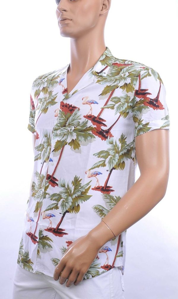 KZR Trendy Modern Fit Allover Bomen Dessin Heren Korte Mouwen Festival Overhemd – Wit