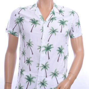 KZR Trendy Allover Palmbomen Dessin Heren Korte Mouwen Festival Overhemd - Wit