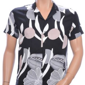 MARRAKECH trendy allover bloemen dessin heren korte mouwen overhemd - Zwart