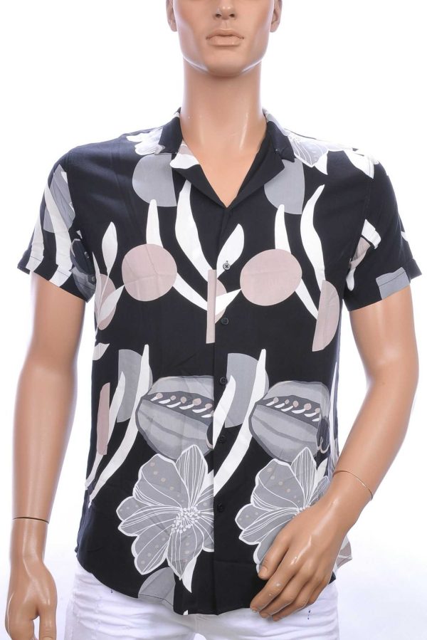 MARRAKECH trendy allover bloemen dessin heren korte mouwen overhemd - Zwart