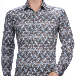 FERLUCCI Trendy Getailleerd Slim Fit Heren Overhemd Met Allover Kunst Motieven Dessin - Khaki