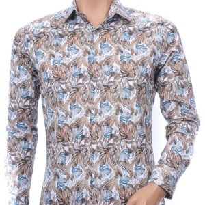 FERLUCCI Trendy Getailleerd Slim Fit Heren Overhemd Met Allover Bladeren Dessin - Beige