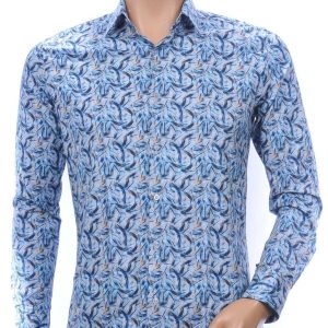 FERLUCCI Trendy Italiaans Getailleerd Slim Fit Heren Overhemd Met Allover Kunst Motieven Dessin - Blauw