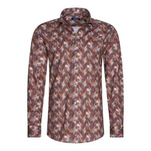 FERLUCCI Trendy Getailleerd Slim Fit Heren Overhemd Met Allover Veren Dessin - Bruin